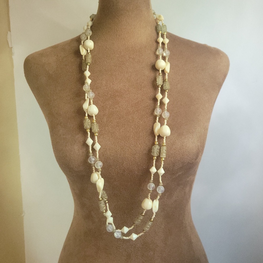 Vintage Cream Multi Strand Molded Beaded Layered Necklace 34" Cottagecore